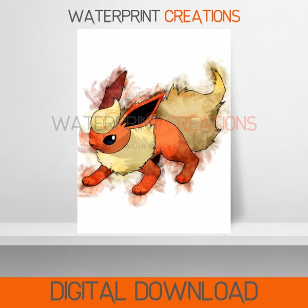 Pokemon Digital Prints Flareon Poster, Pokemon Watercolour Wall Art, Gen 1, Printable, Instant Digital Download, Portrait, Art #136