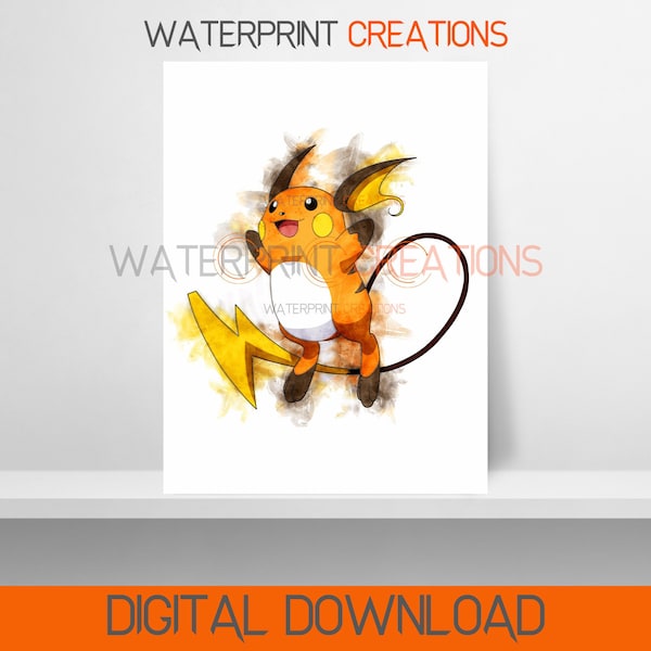 Pokemon Digital Prints Raichu Poster, Pokemon Watercolour Wall Art, Gen 1, Printable, Instant Digital Download, Portrait, Art #26