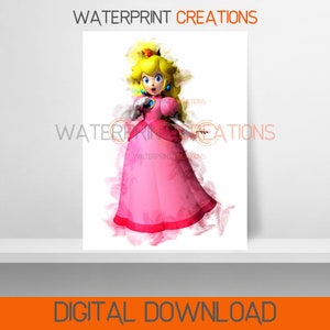 Mario Digital Prints Princess Peach Poster, Mario Aquarelle Wall Art, Imprimable, Téléchargement numérique instantané, Portrait, Art numérique