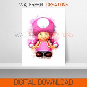 Mario digitale prints Toadette poster, Mario aquarel kunst aan de muur, afdrukbaar, instant digitale download, portret, digitale kunst