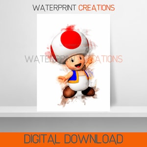 Mario digitale prints Toad poster, Mario aquarel kunst aan de muur, afdrukbaar, instant digitale download, portret, digitale kunst