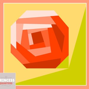 May include: A geometric rose flower pattern in shades of orange, red, and pink, set against a yellow and green background. The design is a FPP (Foundation Paper Piecing) pattern, with size options from 3" x 3" to 12" x 12". The Princess Quarters logo is in the lower left corner.