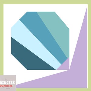 May include: A geometric quilt pattern titled "Flower Bud" with a colorful design. The pattern features an octagonal shape with shades of blue and teal, and a lavender triangle. Sizes range from 3" x 3" to 12" x 12".
