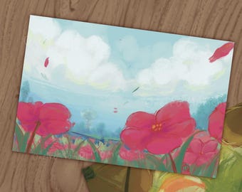 花畑のアートプリント：風の強い日のマットポストカード（4x6）