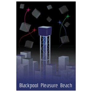 May include: A digital illustration of a tall, blue and silver tower with a dark blue roof. The tower is surrounded by a dark blue sky with gray, cube-shaped buildings and colorful fireworks. The text "Blackpool Pleasure Beach" is at the bottom of the image.