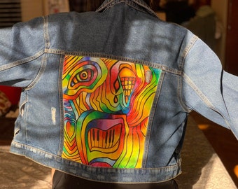 hand painted denim jacket rainbow