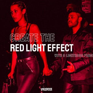May include: Two people in a dimly lit room with red lighting. The text "CREATE THE RED LIGHT EFFECT WITH 3 LIGHTROOM PRESETS" is displayed on the image.
