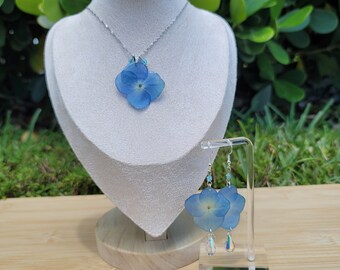 Real preserved Blue Hydrangea|925 sterling silver|reflective crystal drop|women's jewelry|natural flower|Jewelry Set|Unique| dangle earring