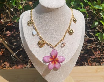 Pink Plumeria Gold plated stainless steel charm necklace|women&#39;s jewelry|Gift for her|Unique accessories|preserved frangipani