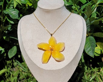 Bright Yellow Plumeria|925 sterling silver chain|18k Gold plated chain|women&#39;s jewelry|Gift for her|Unique accessories|preserved frangipani
