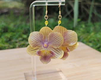 Echte konservierte gelbe Orchidee|18k vergoldet |gelbe Perle |Damenschmuck|Naturschmuck|Echte Blume|Harzkunst|Einzigartig| Ohrhänger|Set