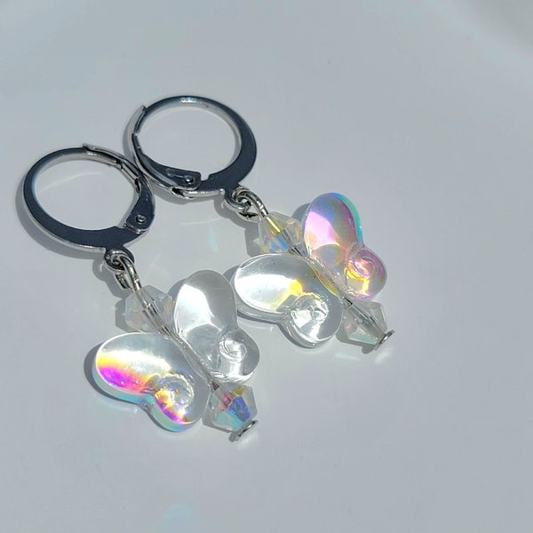 Butterfly glass rainbow earrings | ear cuffs | huggie hoop | stainless steel | womens jewelry | clean style | fairycore | iridescent | cute