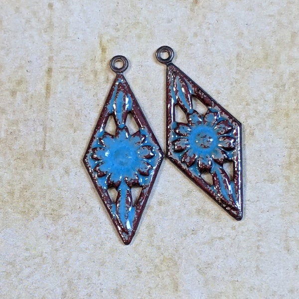 Enameled Flowers Brass Pair for Jewelry Rustic Turquoise (16027)