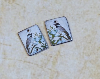 Enameled Copper Bird Charms for Jewelry Earrings Mirrored Pair Chickadees (16039)