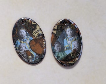 Interesting Enamel Jewelry Charms Pair Enameled Copper Collage (16057)