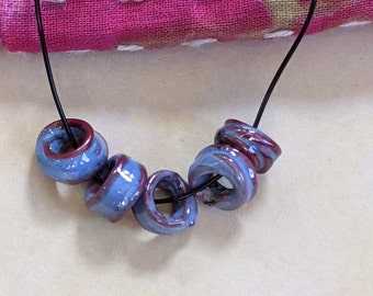 Torch Fired Rustic Enameled Coiled Copper Beads 5x Periwinkle Blue (15963)