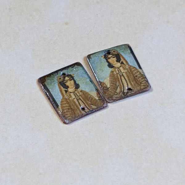 Enameled Copper Charms Jewelry Supplies Mirrored Pair Qajar Art (16040)