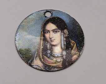 Indian Painting Big Enameled Pendant 2.4" Unique Artisan Jewelry Focal (15243)