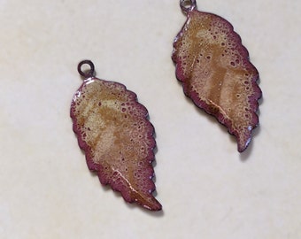 Enameled Copper Leaf Charms Pair Tan Yellow Speckled (16056)