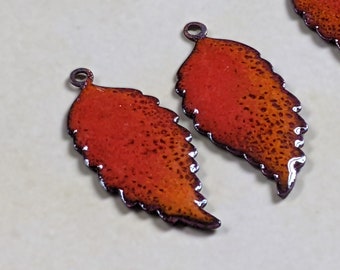 Enameled Copper Leaf Charms Pair Orange & Red (16054)