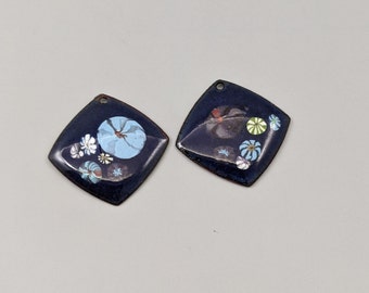 Enameled Copper Navy Blue with Flowers Pair .8" (15280)