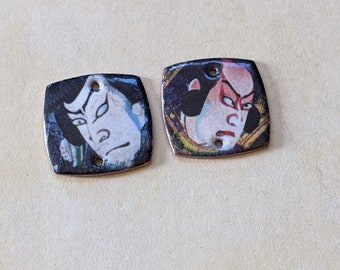 Artisan Enameled Copper Charms Pair Kabuki Theme (16060)