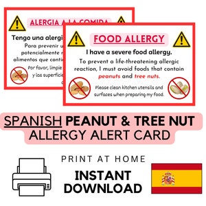 Carte espagnole imprimable d'allergies alimentaires aux arachides et aux noix • Téléchargement instantané • ID d'alerte médicale • Cadeau de voyage • Carte de chef de restaurant • PDF