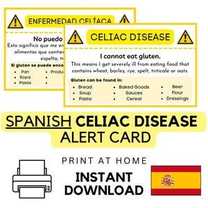 Afdrukbare Spaanse waarschuwingskaart coeliakie • Directe download • Medische ID • Reiscadeau • Restaurantchef-kaart • Glutenvrij • Intolerantie