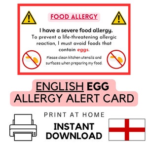 Afdrukbare Engelse eiervoedselallergiekaart • Direct downloaden • Medische waarschuwings-ID • Reiscadeau • Restaurantchef-kaart • PDF