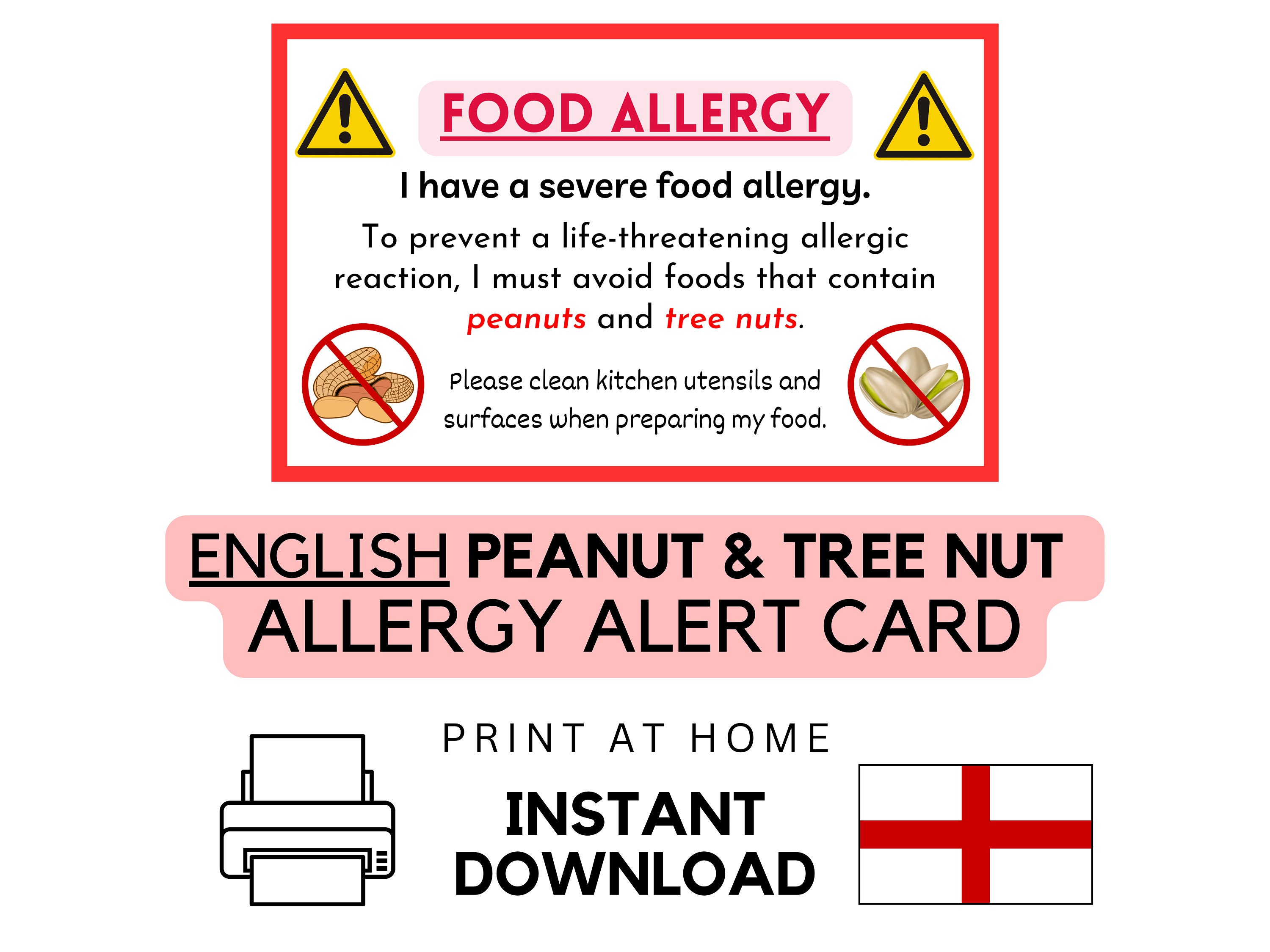 English Peanut + Tree Nut Allergy Card Printable (instant PDF Download ...