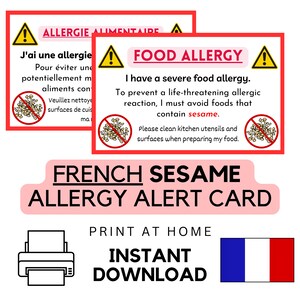 Afdrukbare Franse Sesam Voedselallergiekaart • Direct downloaden • Medische waarschuwings-ID • Reiscadeau • Restaurant Chef-kaart • PDF
