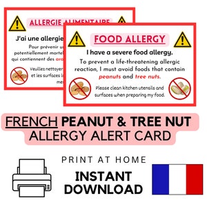 印刷可能なフランスのピーナッツ + 木の実の食物アレルギーカード • 即時ダウンロード • 医療警告 ID • 旅行ギフト • レストラン シェフ カード • PDF