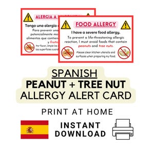 スペイン語と木の実アレルギーカード（印刷可能） - 食物アレルギー翻訳（PDF即時ダウンロード）