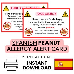 Cartão Espanhol de Alergia Alimentar de Amendoim para Impressão • Download Instantâneo • Identificação de Alerta Médico • Presente de Viagem • Cartão de Chef de Restaurante • PDF