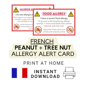 French Peanut & Tree Nut Allergy Card Printable - Food Allergy Translation (Instant PDF Download)