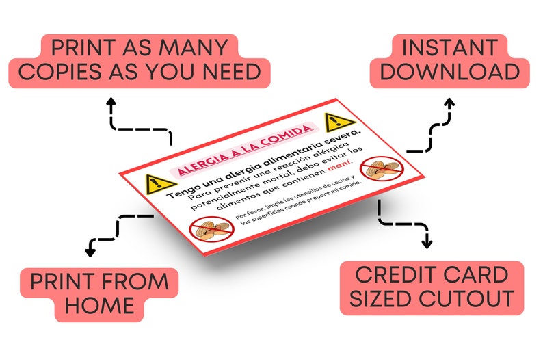 Printable Spanish Peanut Food Allergy Card Instant Download Medical
