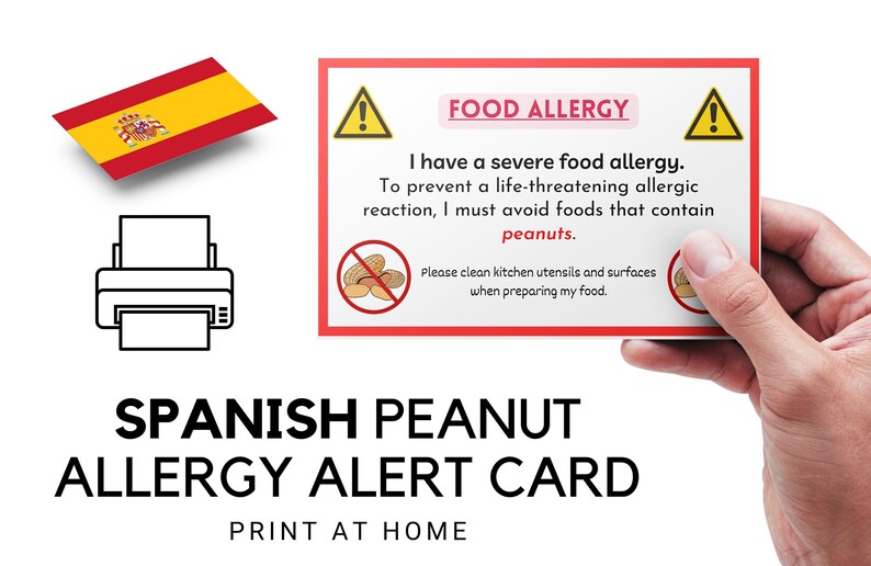 Printable Spanish Peanut Food Allergy Card Instant Download Medical