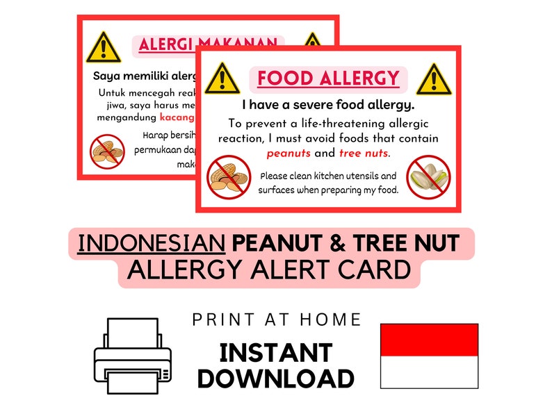 Printable Indonesian Peanut Tree Nut Food Allergy Card Instant Download ...
