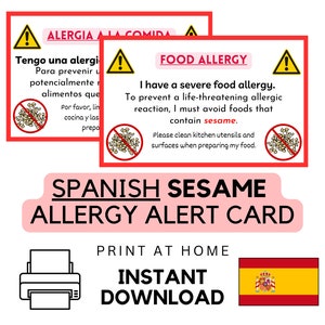 Cartão de alergia alimentar de gergelim espanhol para impressão • Download instantâneo • Identificação de alerta médico • Presente de viagem • Cartão de chef de restaurante • PDF