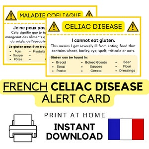 Afdrukbare Franse waarschuwingskaart coeliakie • Direct downloaden • Medische ID • Reiscadeau • Restaurantchef-kaart • Glutenvrij • Intolerantie