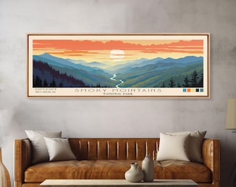 Great Smoky Mountains National Park Panoramic Travel Art, National Park Print, Minimalist Travel Art, Subdued Watercolor Painting Panoramic