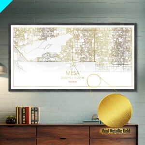 Mesa Arizona, metallic gold, white and gold, wood framed map, Map Art, Street Map Wall Art, Real Wood Frames, Office Decor, Wall Art