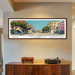 San Mateo California Panoramic Wall Art, Mid Century Modern Framed Canvas Print, Retro Pop Art Travel Poster, City Art, Living Room Art