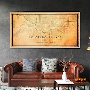 Vintage Style Colorado Springs Map Wall Art, Stretched Canvas or Poster, Office Decor, Colorado Wall Art, Distressed Map Decor