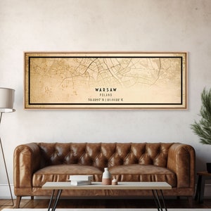 Panoramic Warsaw Poland Street Map Canvas Print, Warsaw Poster Art, Framed Canvas Art, Office Wall Art, Vintage Style Map, Office Decor