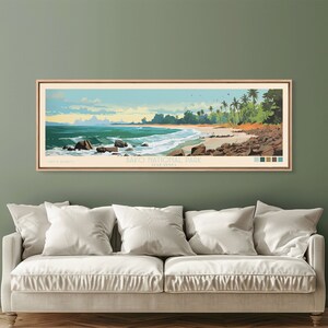 May include: A vintage travel poster design featuring a scenic view of Bako National Park in Sarawak, Malaysia. The poster depicts a tropical beach with palm trees, turquoise water, and a rocky shoreline. The text "Bako National Park, Sarawak" is displayed at the bottom of the poster.