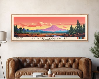 Lassen Volcanic National Park Panoramic Travel Art, National Park Print, Minimalist Travel Art, Subdued Watercolor Painting Panoramic