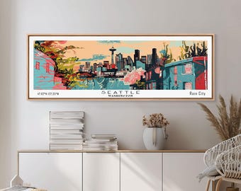 Seattle Panoramic Canvas Print: Mid-Century Modern Travel Art