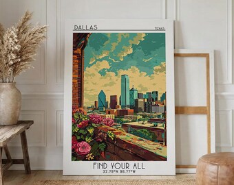 Dallas Travel Poster, Canvas Print, Retro Travel Poster, City Wall Art, Poster Print, Travel Decor, Minimalist Poster, Travel Prints