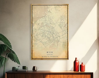 Old Kyiv Ukraine City Map Wall Art Canvas Print, Vintage Style Kyiv Map, Framed Wall Art, Cool Kyiv Ukraine Wall Art, Office Art